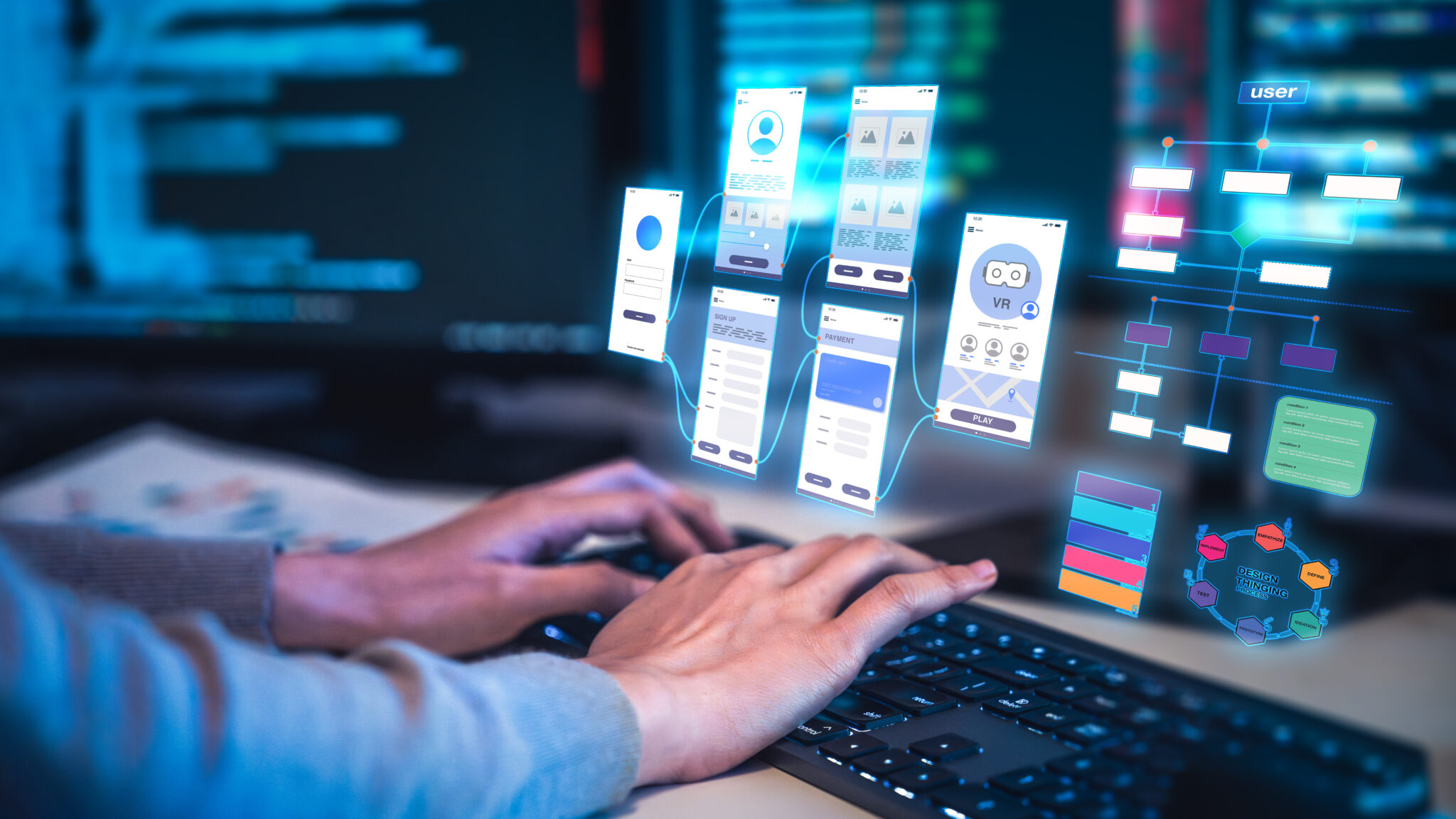 Programmer using artificial intelligence with prompt tools as developer improves vibe coding and programming, building coding software engineering for UX UI automation and user interface