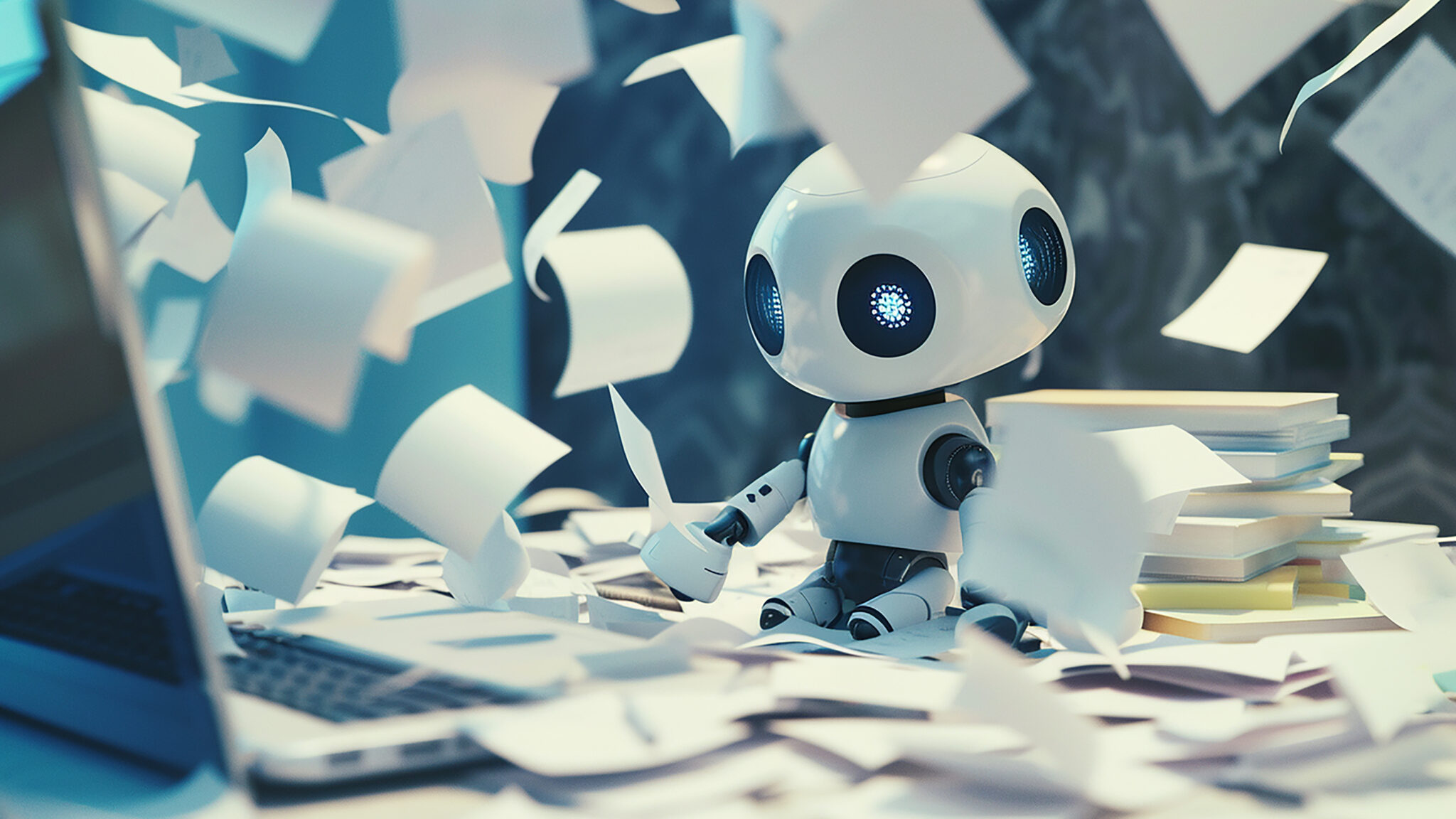 A busy robot working on a laptop table in an office surrounded with many memo paper.