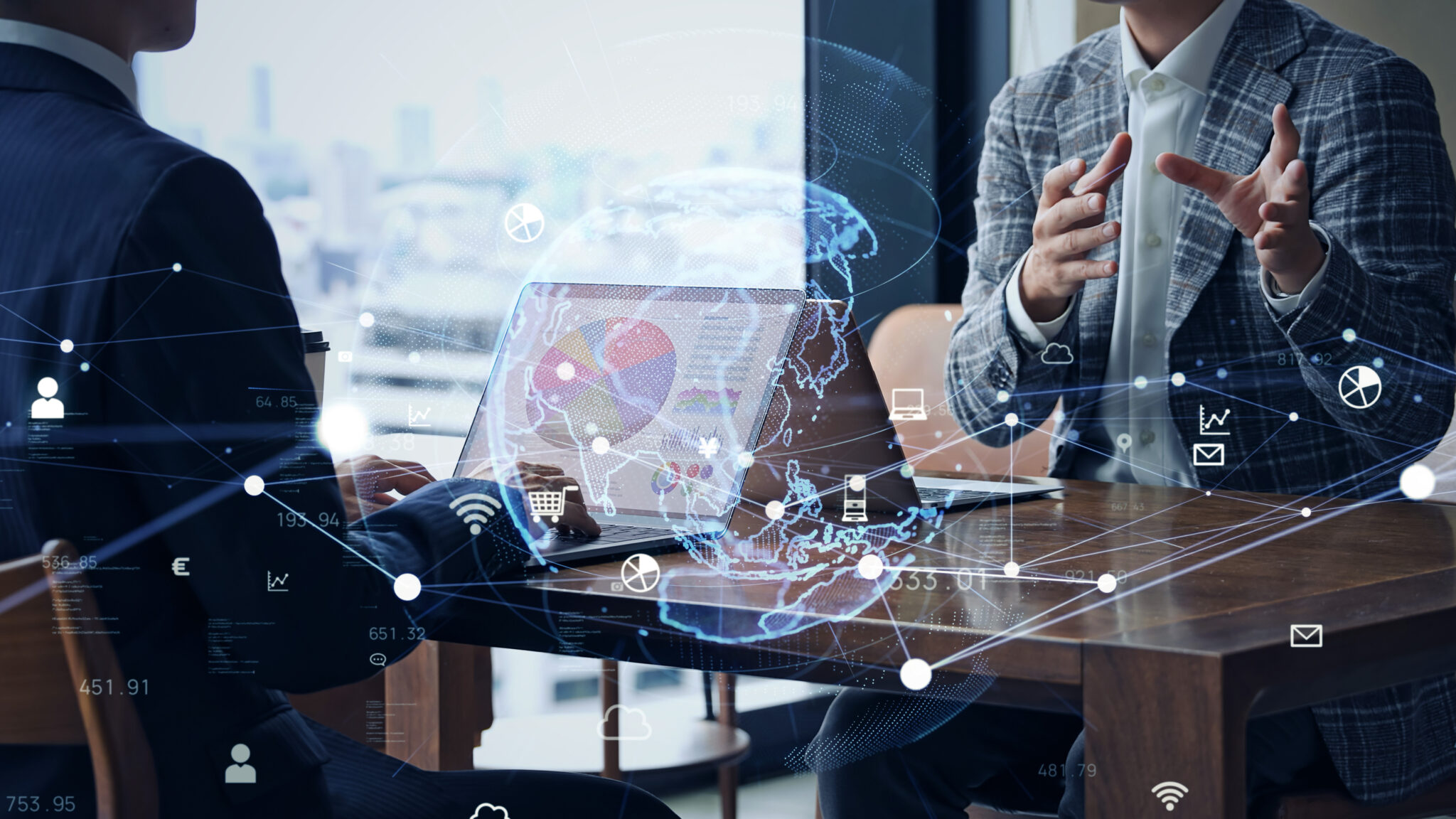 A group of business professionals in a meeting, and the concept of global business