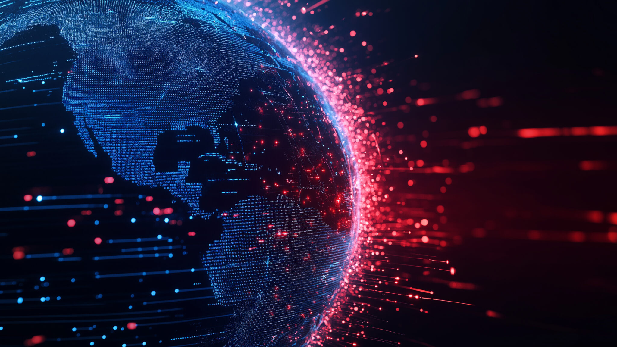 A futuristic digital globe, half covered in a blue cybernetic grid and the other half engulfed in red flames