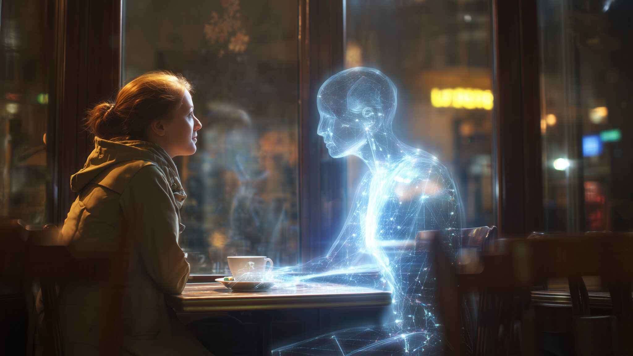 Woman sits at diner table facing glowing blue holographic man, sharing drink in neon-lit booth. Emotional human-AI connection, futuristic romance, intimate digital companionship vibe.