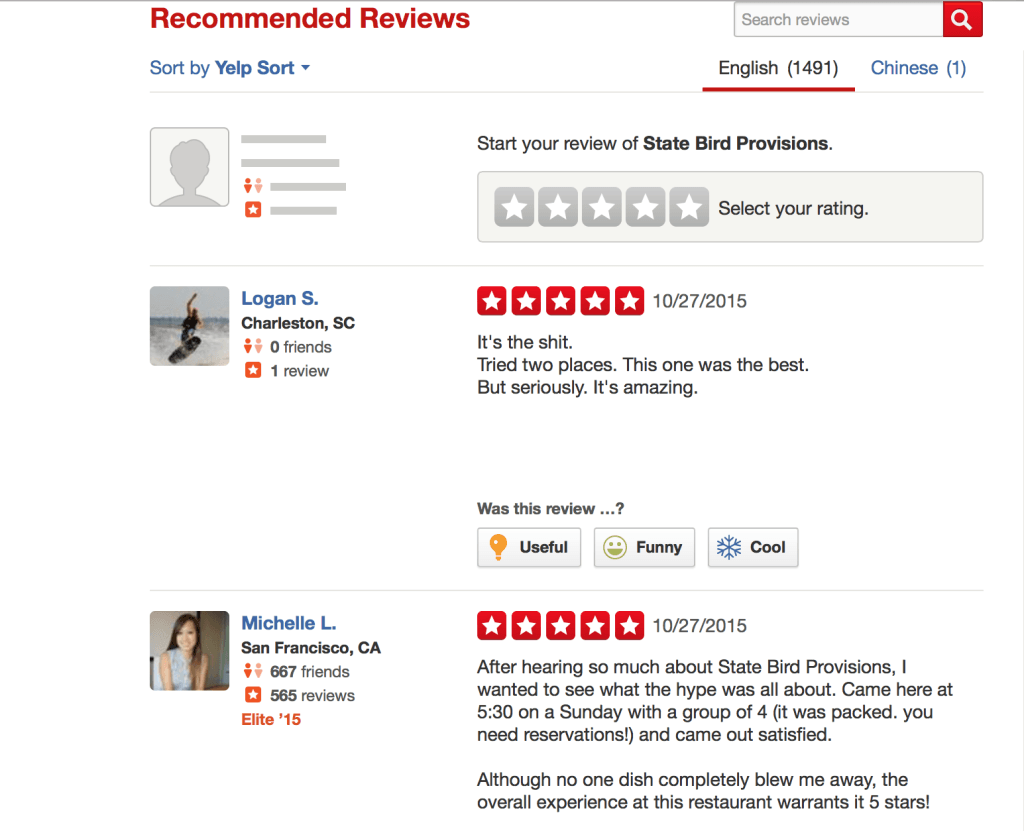 Yelp Recommended Reviews for State Bird Provisions