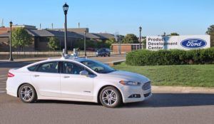 A hybrid Ford Fusion converted for autonomous vehicle testing.