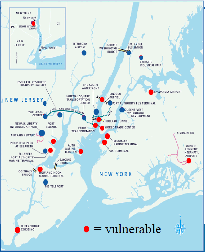 Figure 1: Schematic showing PANYNJ locations (red = vulnerable locations)