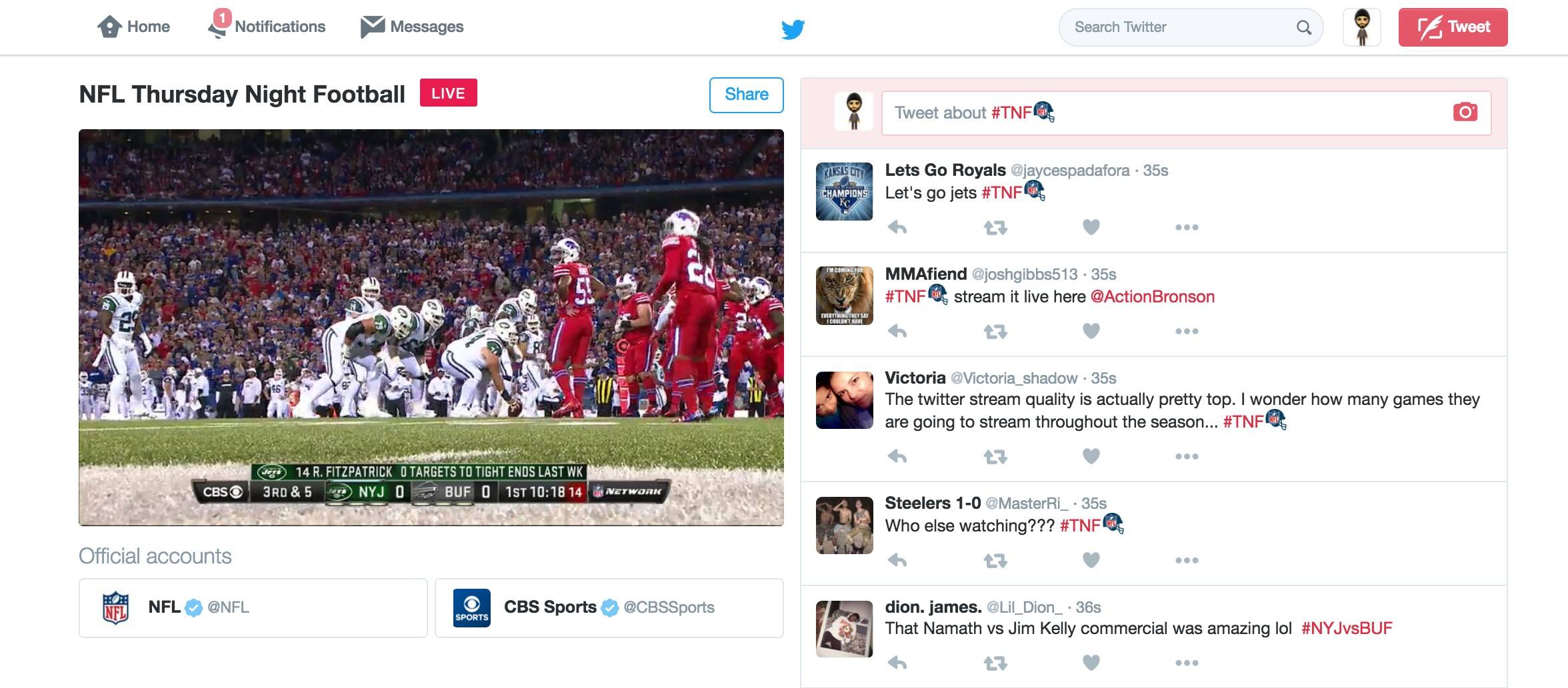 Screenshot of first NFL Twitter livestream