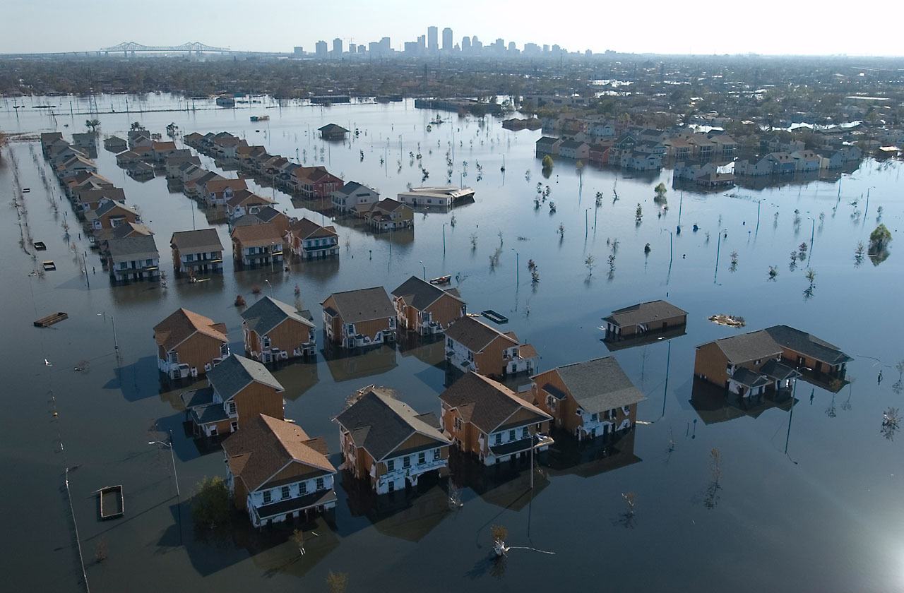 Houses flooded by Hurricane Katrina with the city in the background, New Orleans, United States.