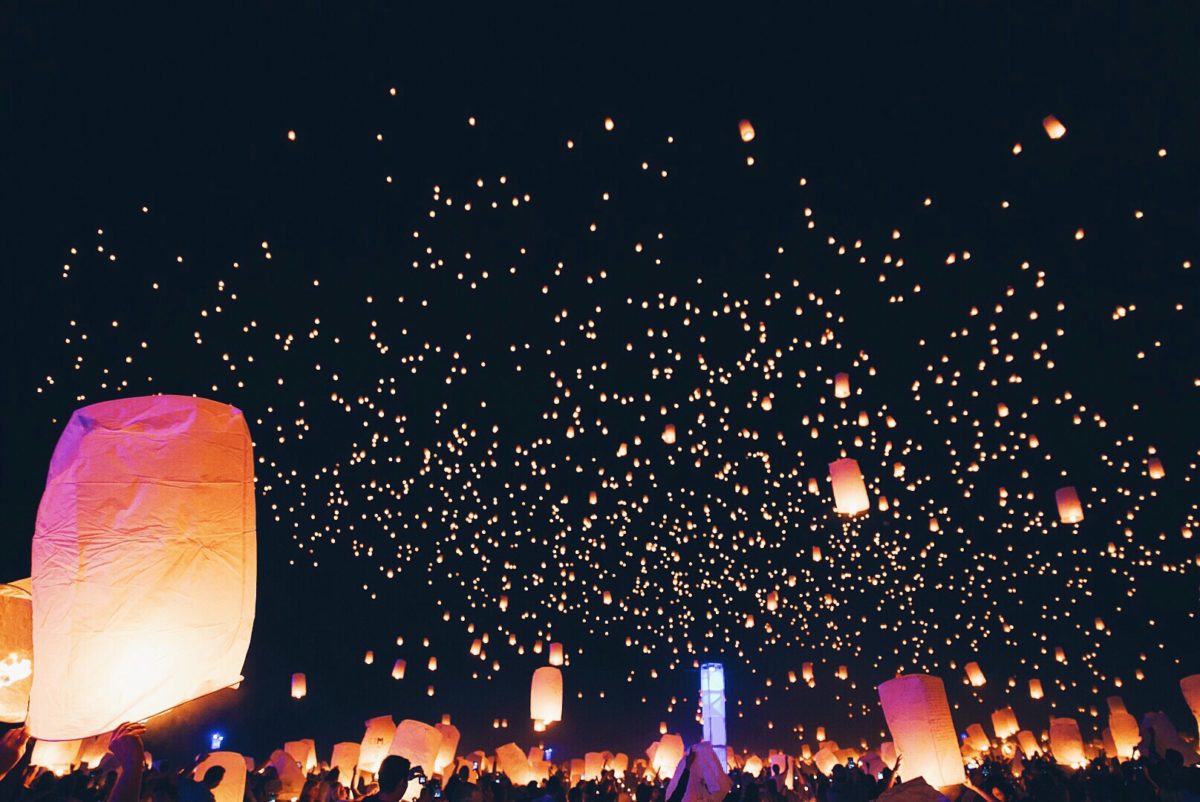Colored lanterns rising into night sky