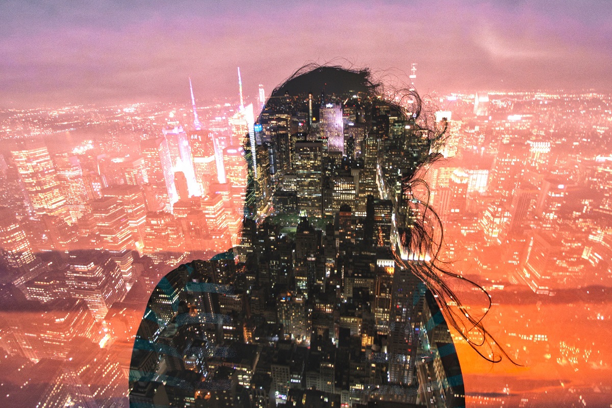 Double exposure concept image silhouette girl on New York skyscrapers panorama