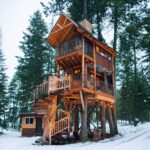 Dog in front of wood cabin