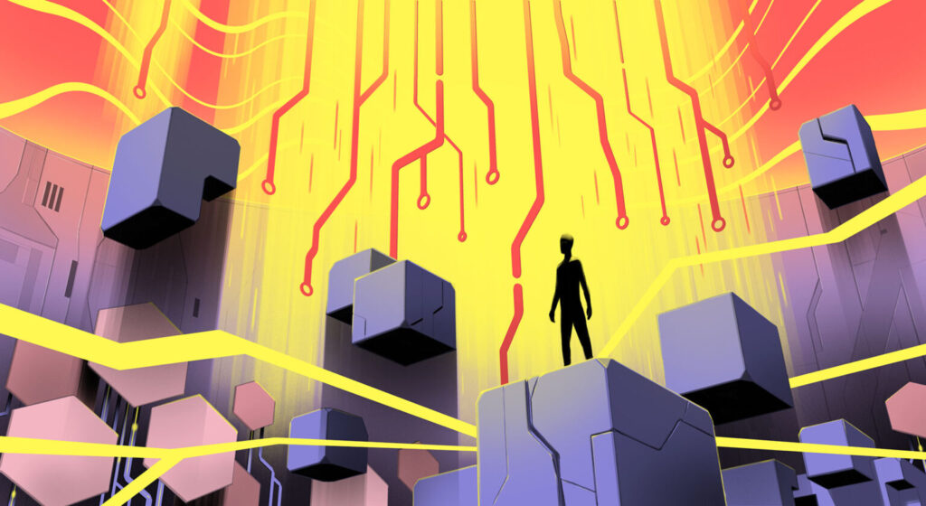 Person standing on cube looking into the distance in field of cubes