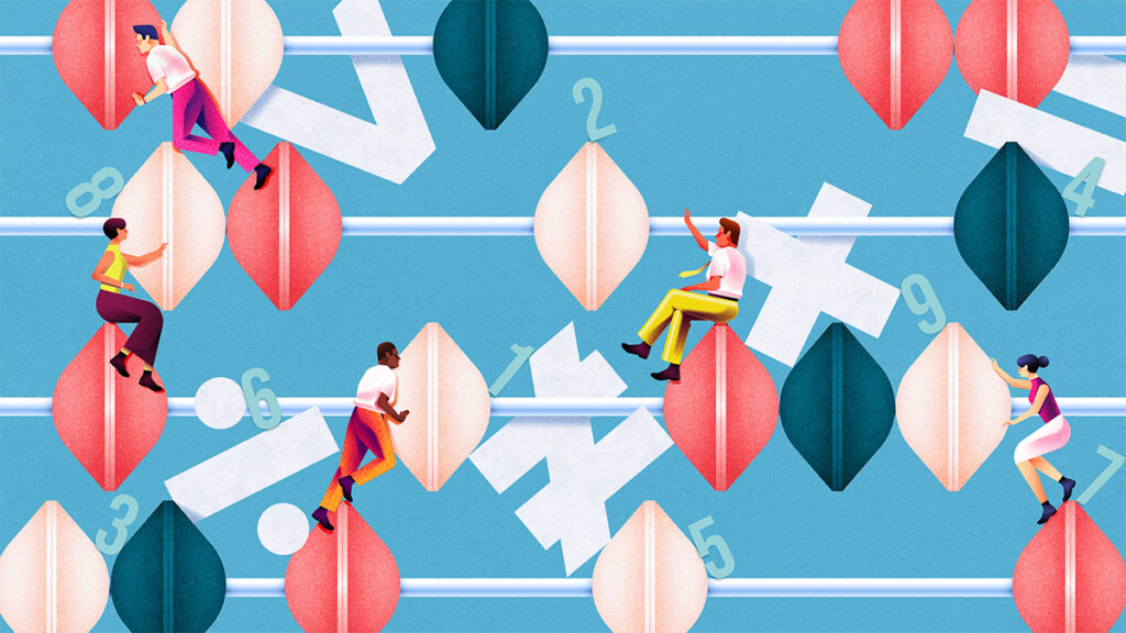 People on an enlarged abacus