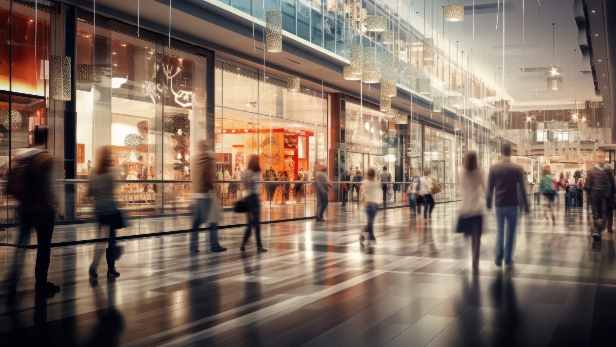 A busy shopping center, people walking with blurred motion