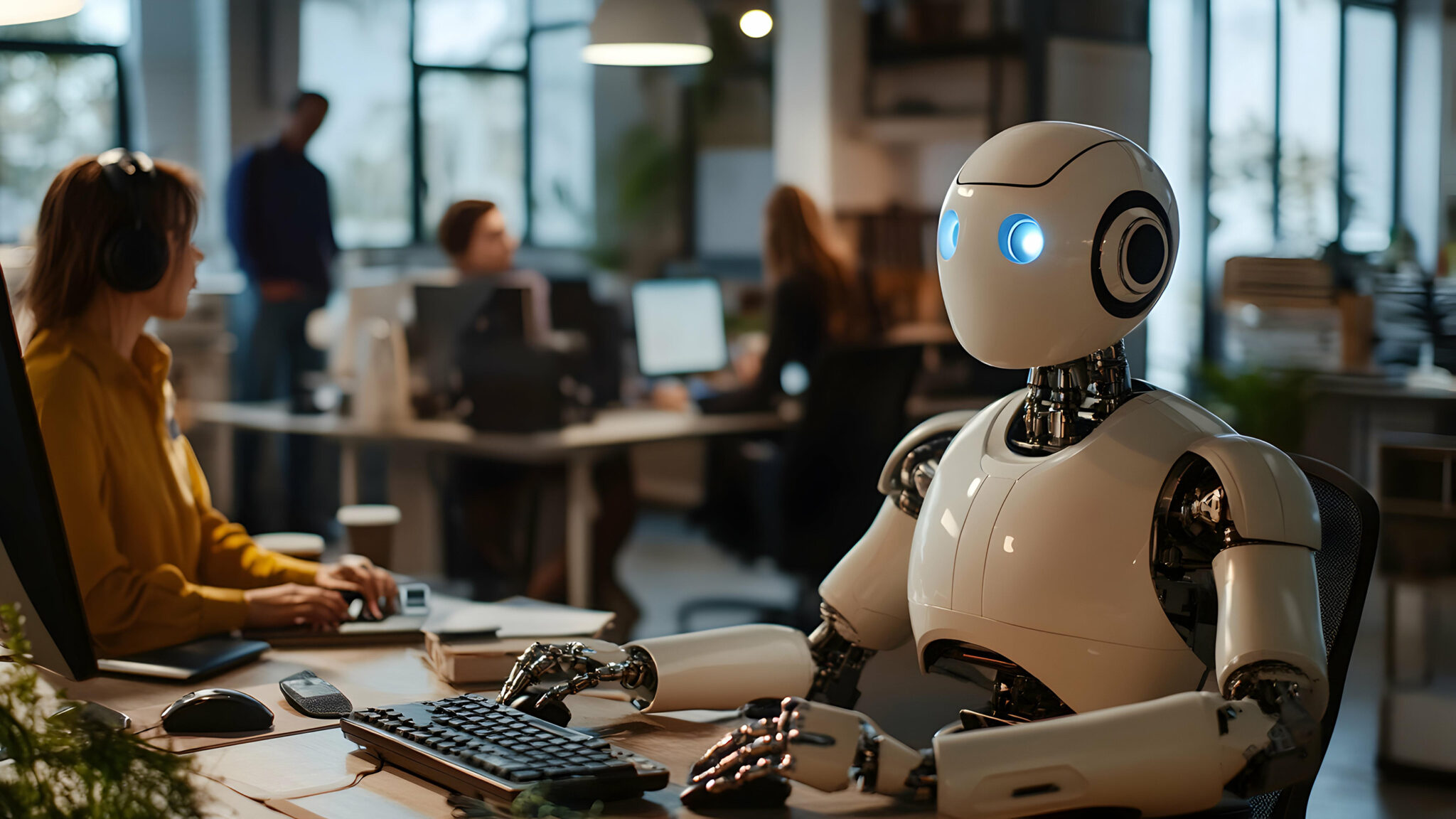 image of a robot working at a desk