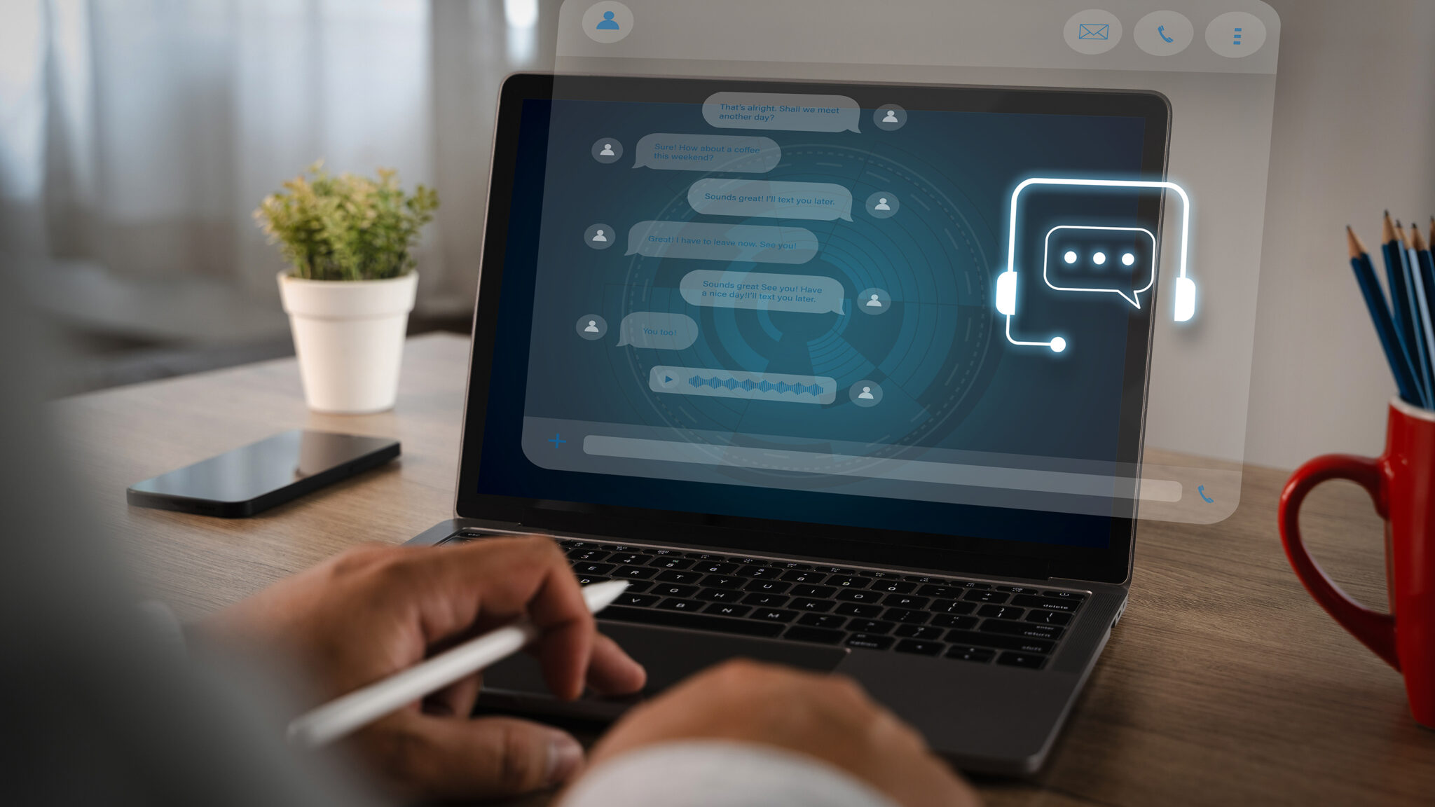 Businessman using AI chatbot support on laptop for online customer service