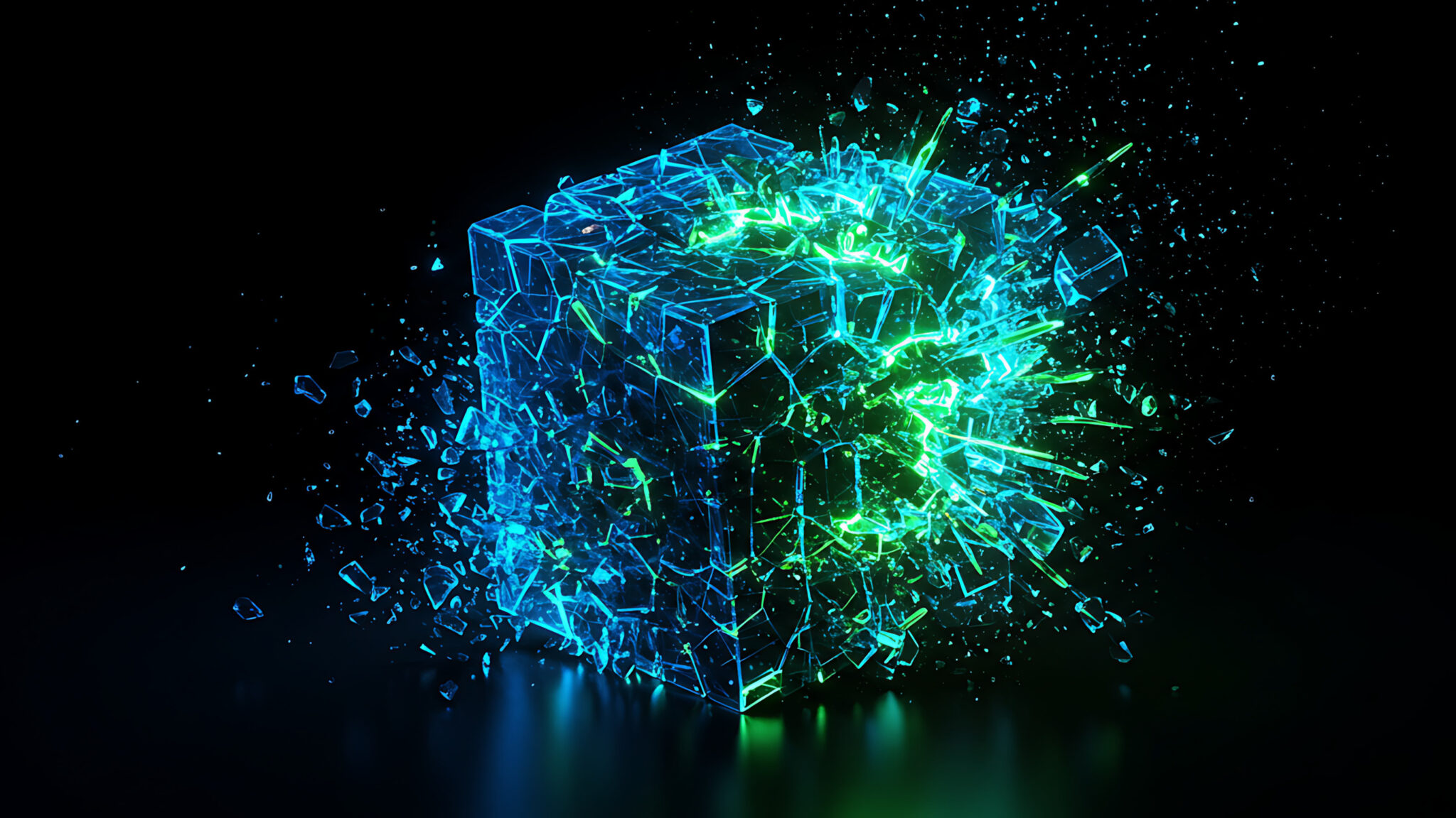 Cyber Cube Explosion: A striking visual of a digital cube undergoing a dramatic transformation, with shards of energy bursting outwards, symbolizing innovation and data disruption