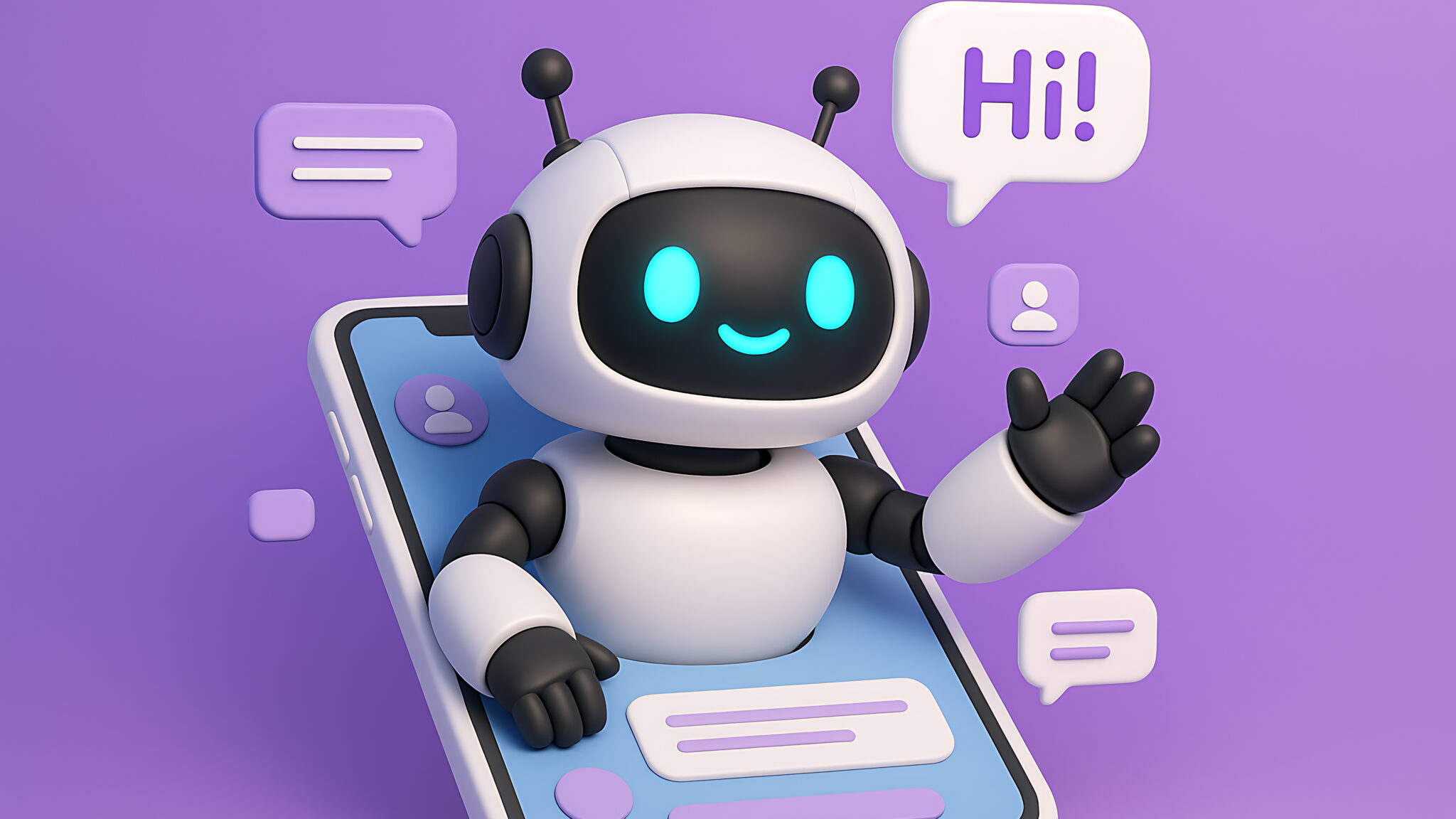 A friendly chatbot with glowing blue eyes and a hi speech bubble, emerging from a smartphone screen, against a purple background