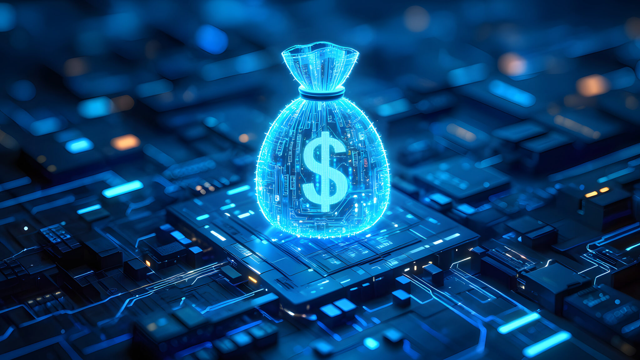 Blue money bag on a computer chip