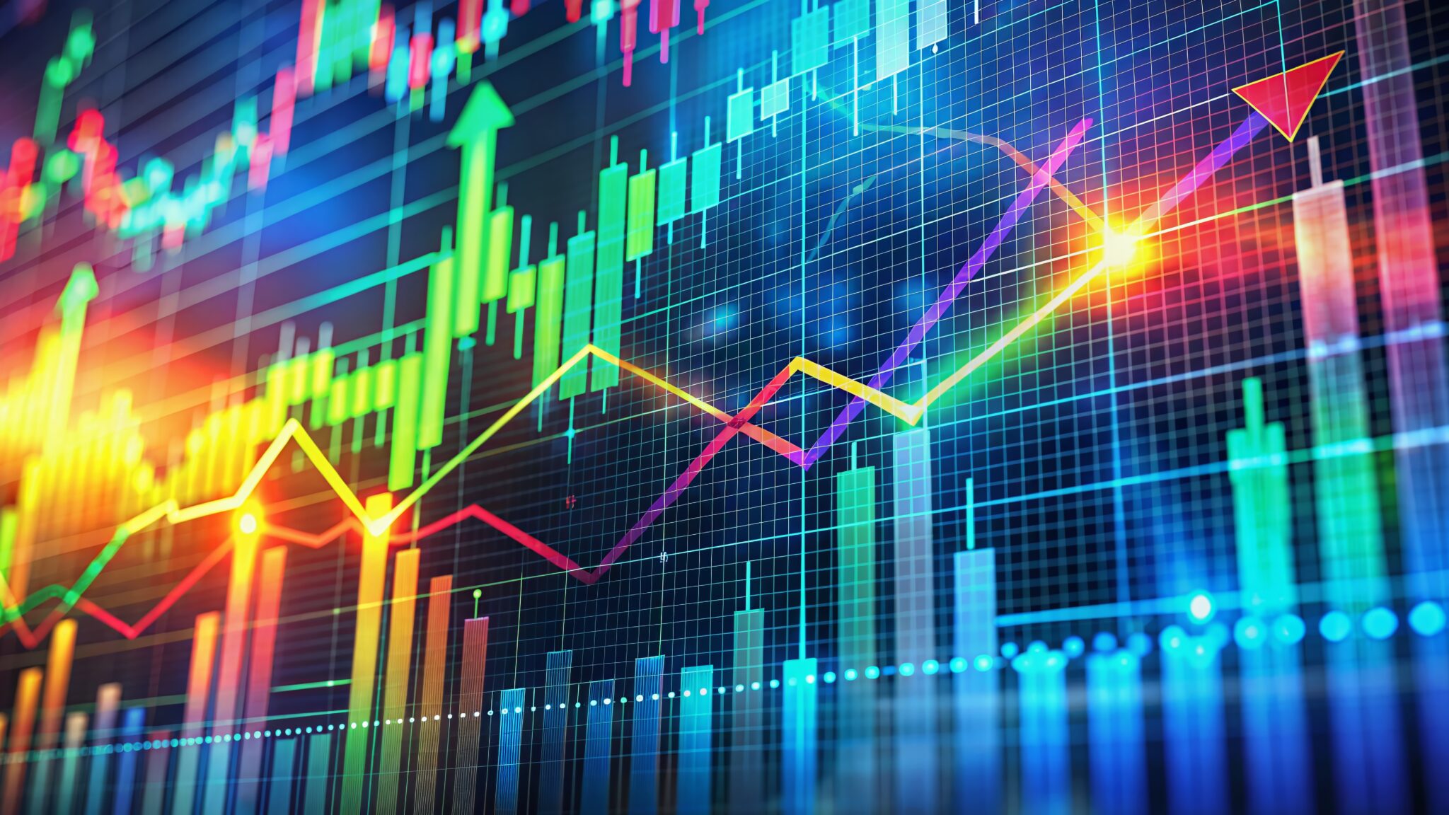 Colorful digital market chart showcases rising business stocks, investment data, and financial profit graph, indicating successful entrepreneurial ventures and prosperous economic growth.
