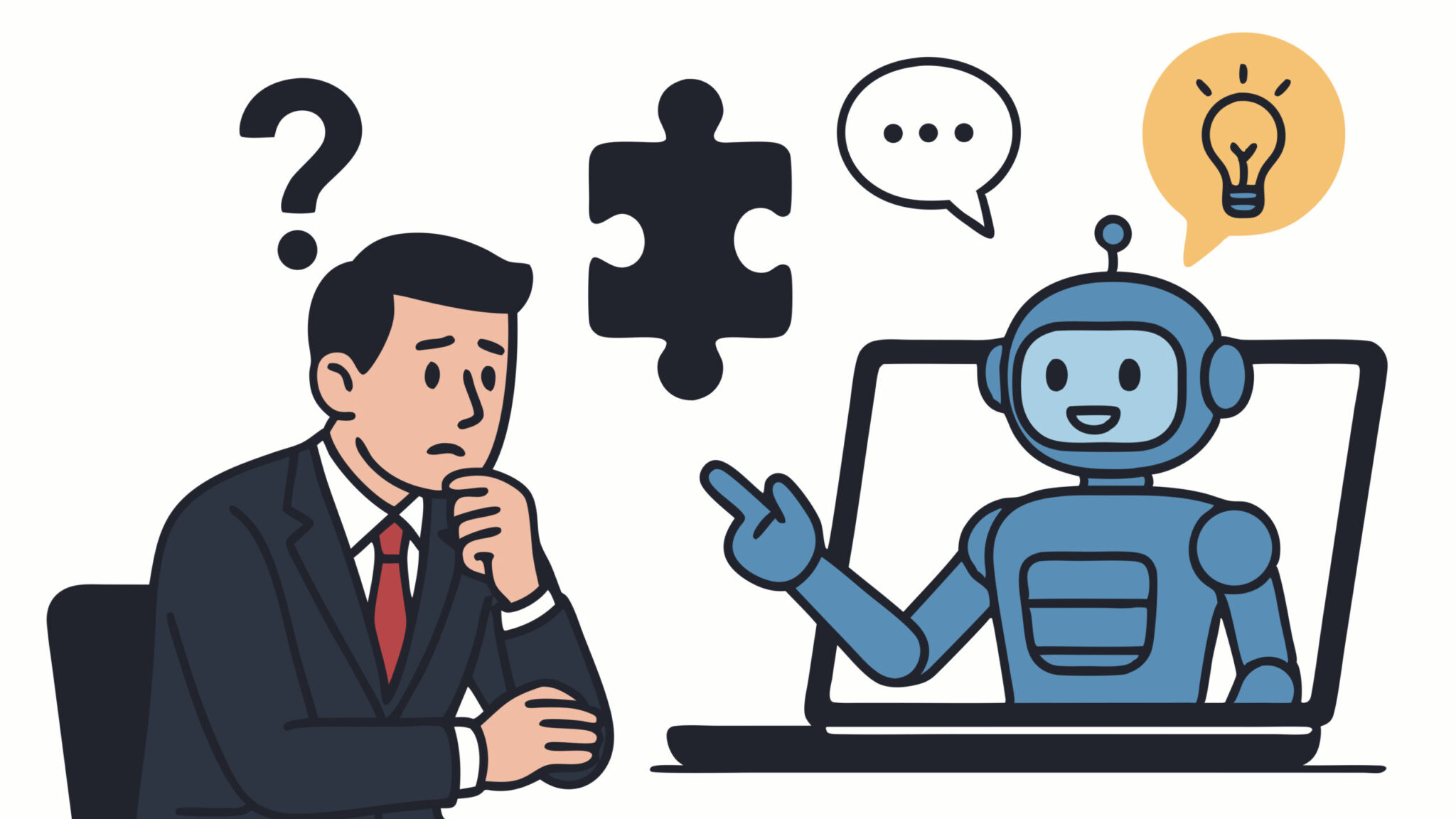 Puzzled manager asking questions, AI chatbot on laptop provides answers, ideas, and puzzle piece solution.