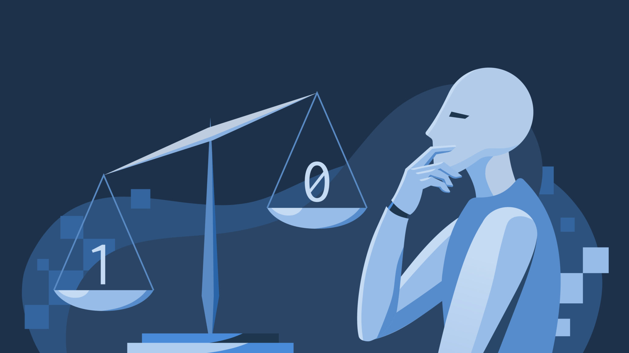 AI and Ethical Moral Dilemma Law Decision Making Bias Artificial Intelligence Robot Thinking with Law Scale Vector Illustration Concept