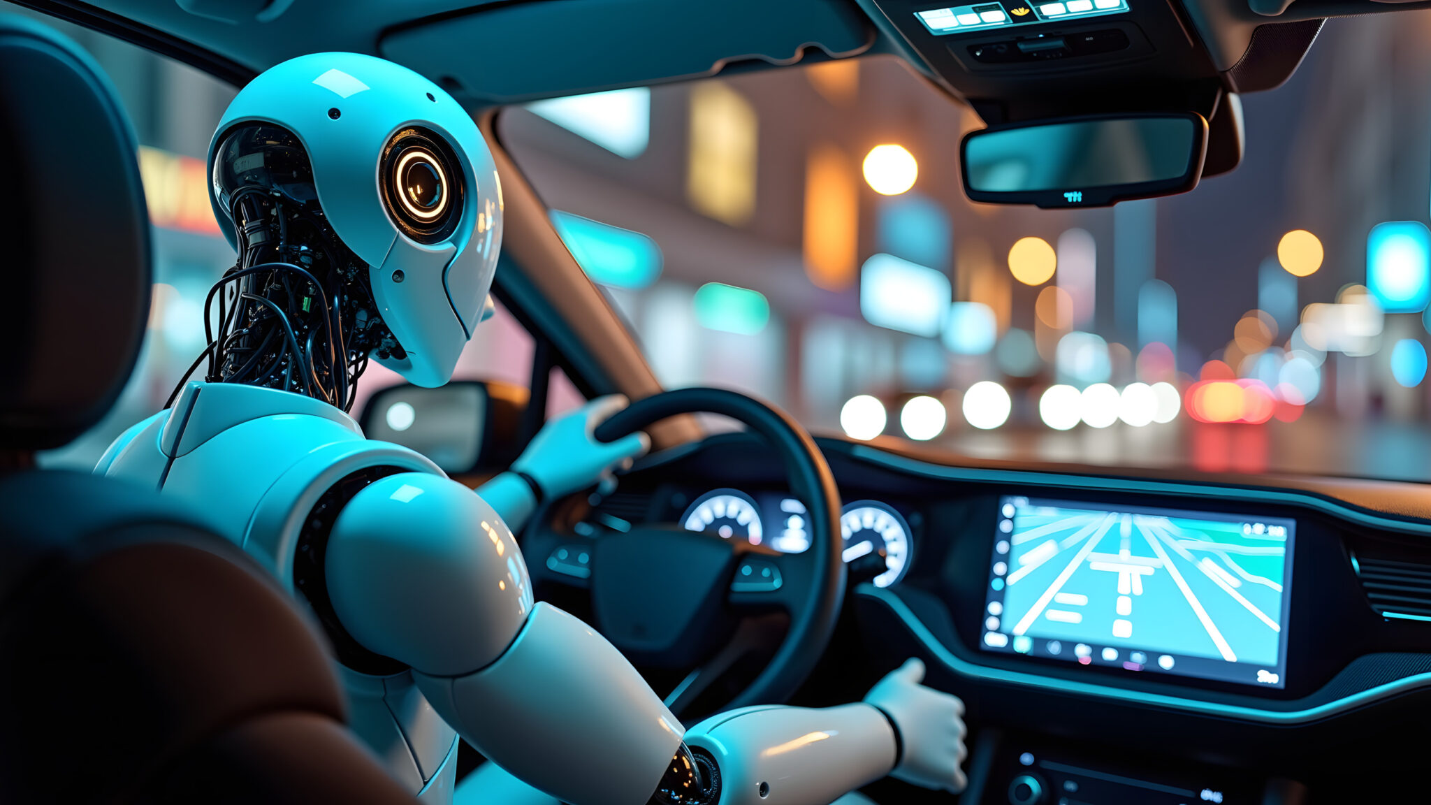 A futuristic humanoid robot drives a car through a vibrant city at night, with illuminated buildings and blurred lights creating a dynamic atmosphere