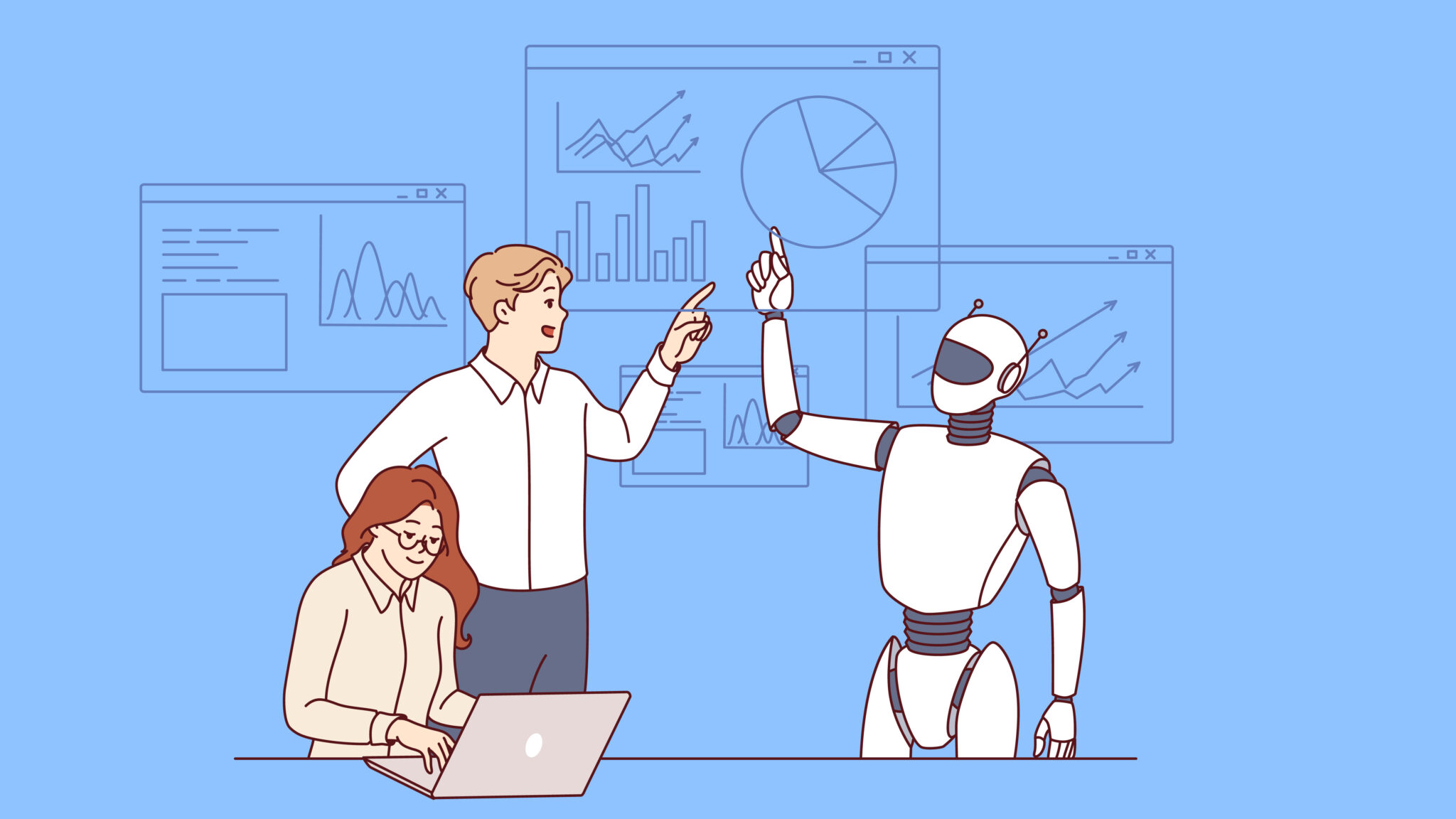 Business meeting robot and office employees discussing plans to achieve financial goals of corporation. Robot advises guy and girl standing near financial charts created using artificial intelligence