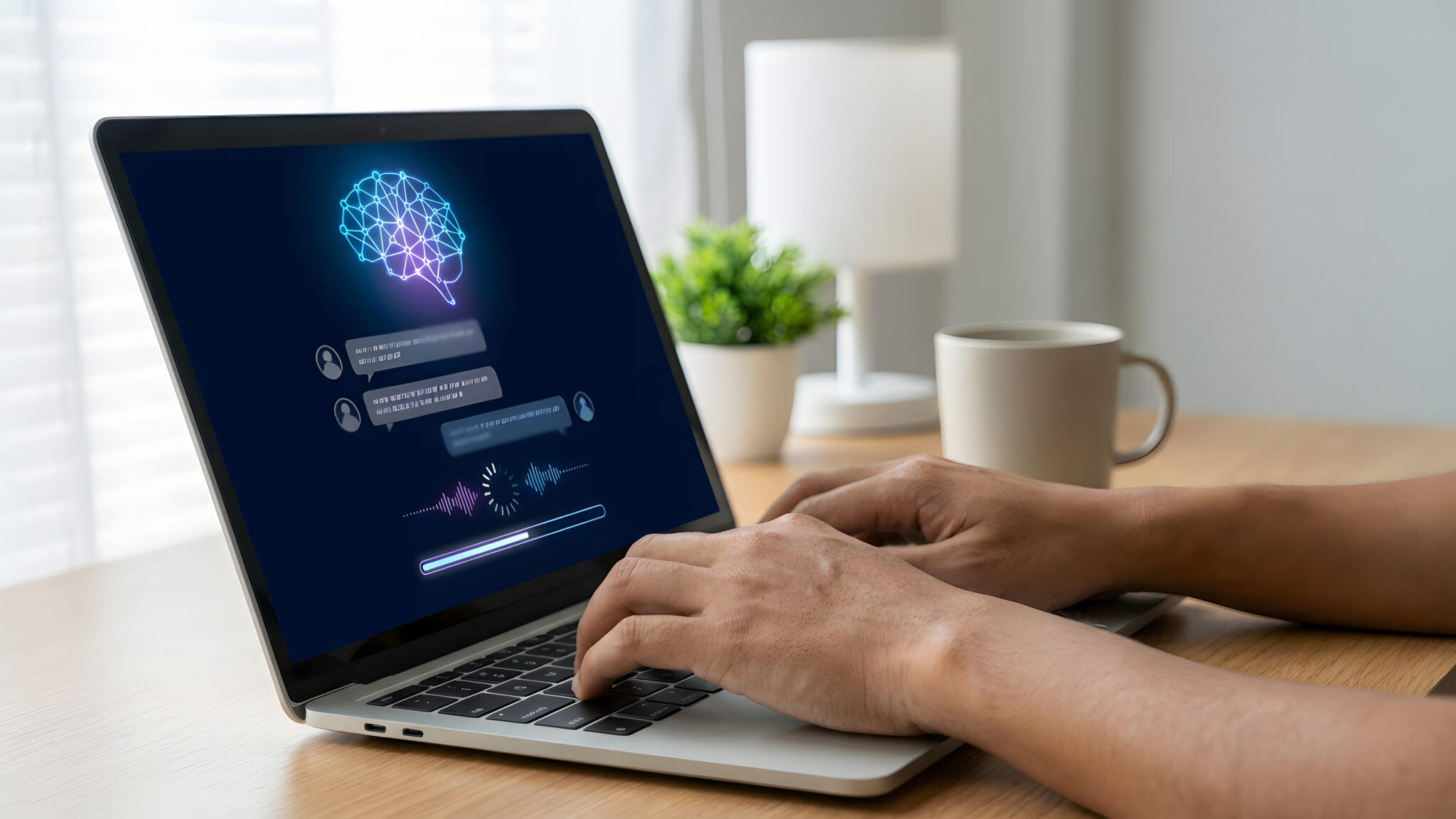 man typing on laptop using artificial intelligence chatbot with digital brain and voice wave interface on screen for machine learning and smart virtual assistant technology concept